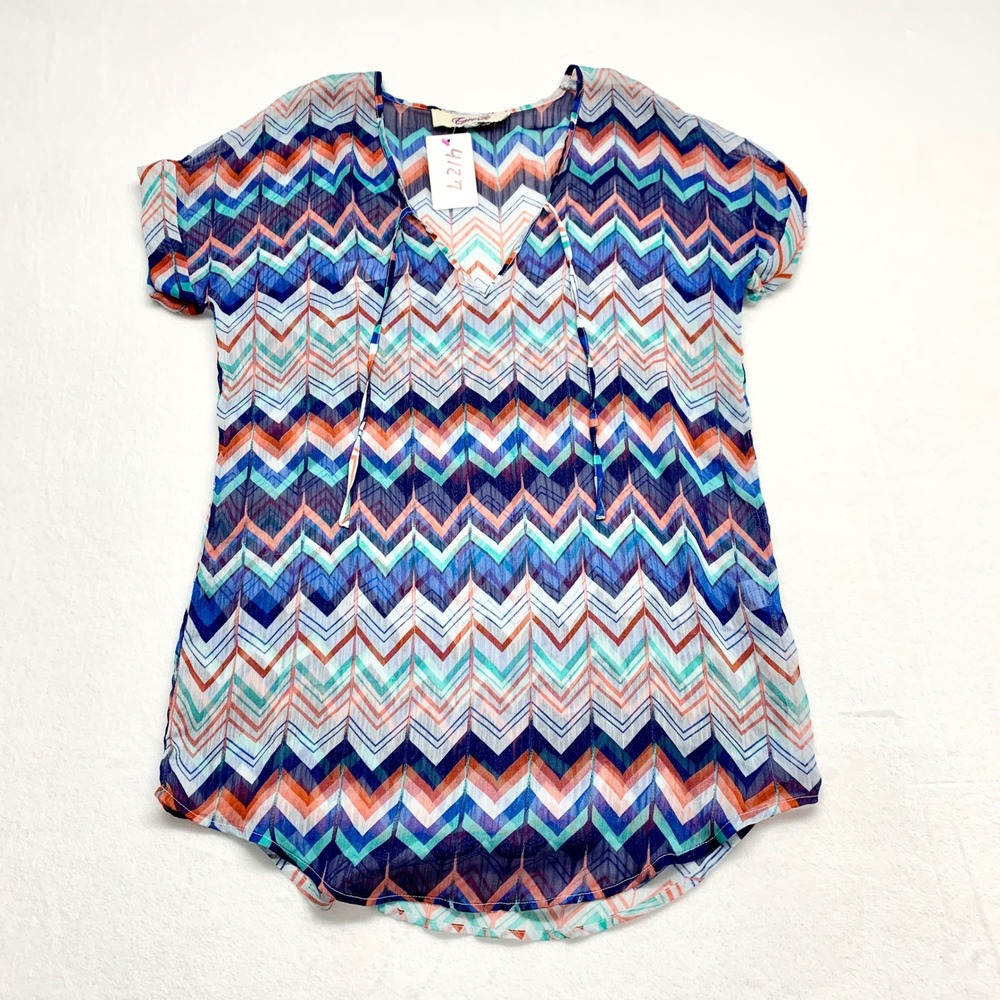 Emmlee Chevron Zig Zag Tunic Womens Size S/M Blue Orange Sheer Chiffon Boho Top